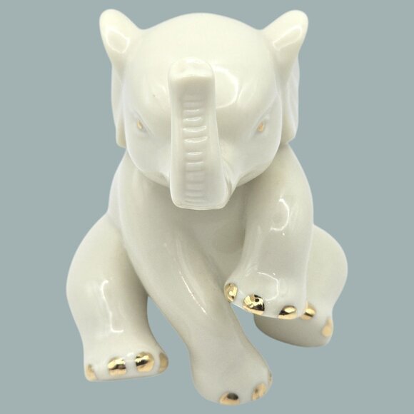Lenox Porcelain Sitting Baby Elephant Figurine Cream With Gold Accents Trunk Up - Picture 2 of 9
